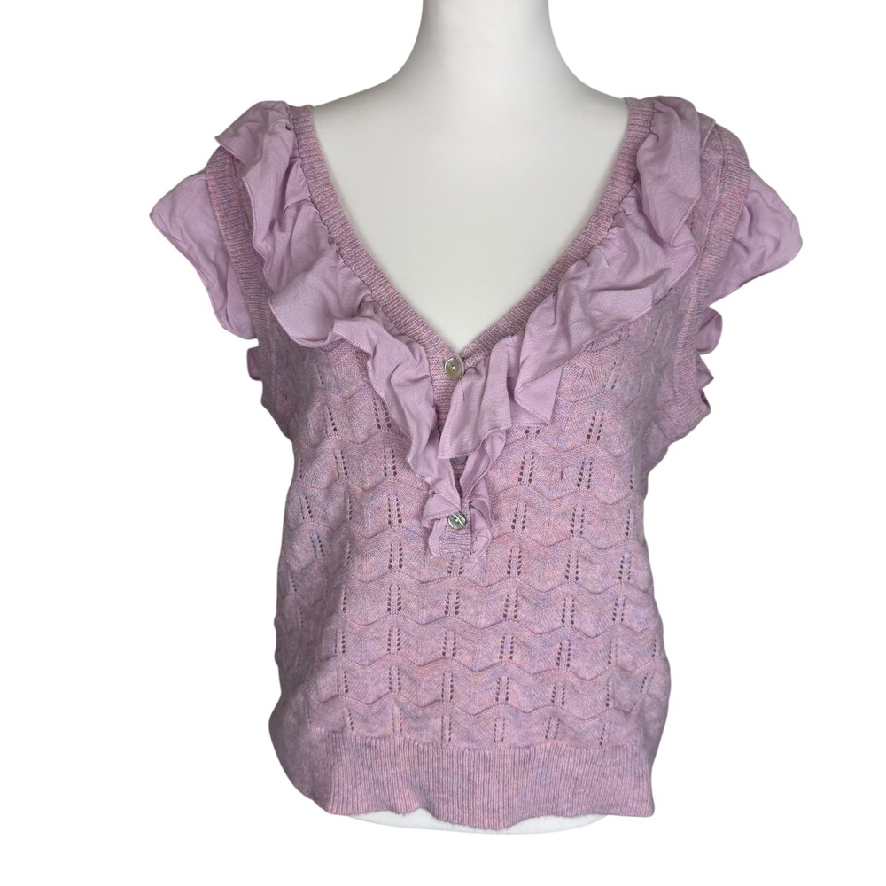 Voy Lavender Purple Ruffle V-Neck Pointelle Chevron Knit Sweater Top M
